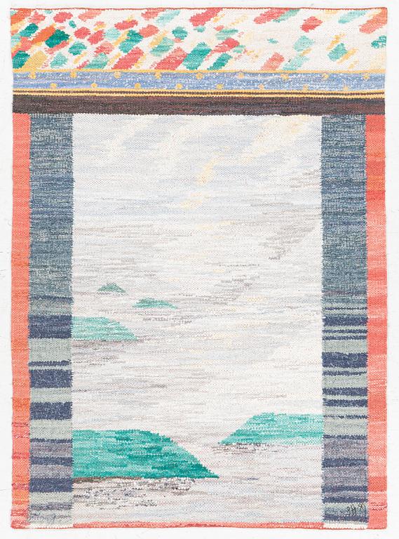 Susanne Henriques, vävnad, trasteknik, signerad SH -90, ca 163 x 118 cm.