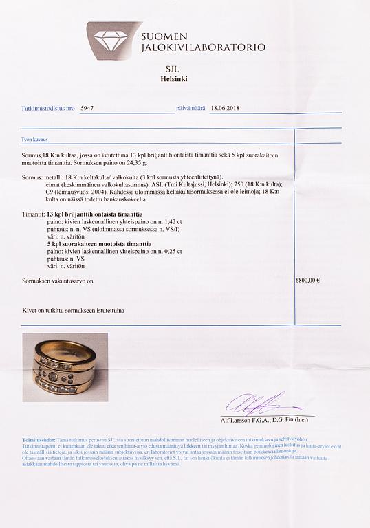 SORMUS, 18K kultaa, briljantti- ja princesshiotut timantit n. 1.67 ct yht. Tmi Kultajussi, Helsinki 2004.