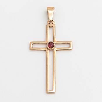 Pendant / cross, cabochon cut garnet, 14K gold, Westerback, Helsinki 1961.