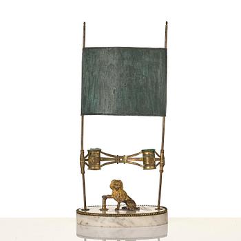 A late gustavian marble and gilt brass two-light reading lamp, late 18th century.
