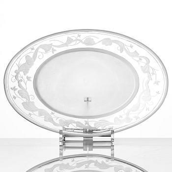 Simon Gate, a Swedish Grace engraved glass bowl with stand, Orrefors 1930, model 147, engraved by Karl Rössler.