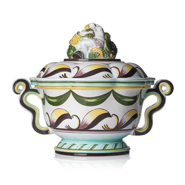 Arthur Percy, a Swedish Grace lidded creamware bowl, Gefle Porcelain Factory, Sweden, 1920s-30s.