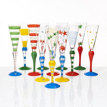 Anne Nilsson, champagneglas, 12 st, "Clown", Orrefors.