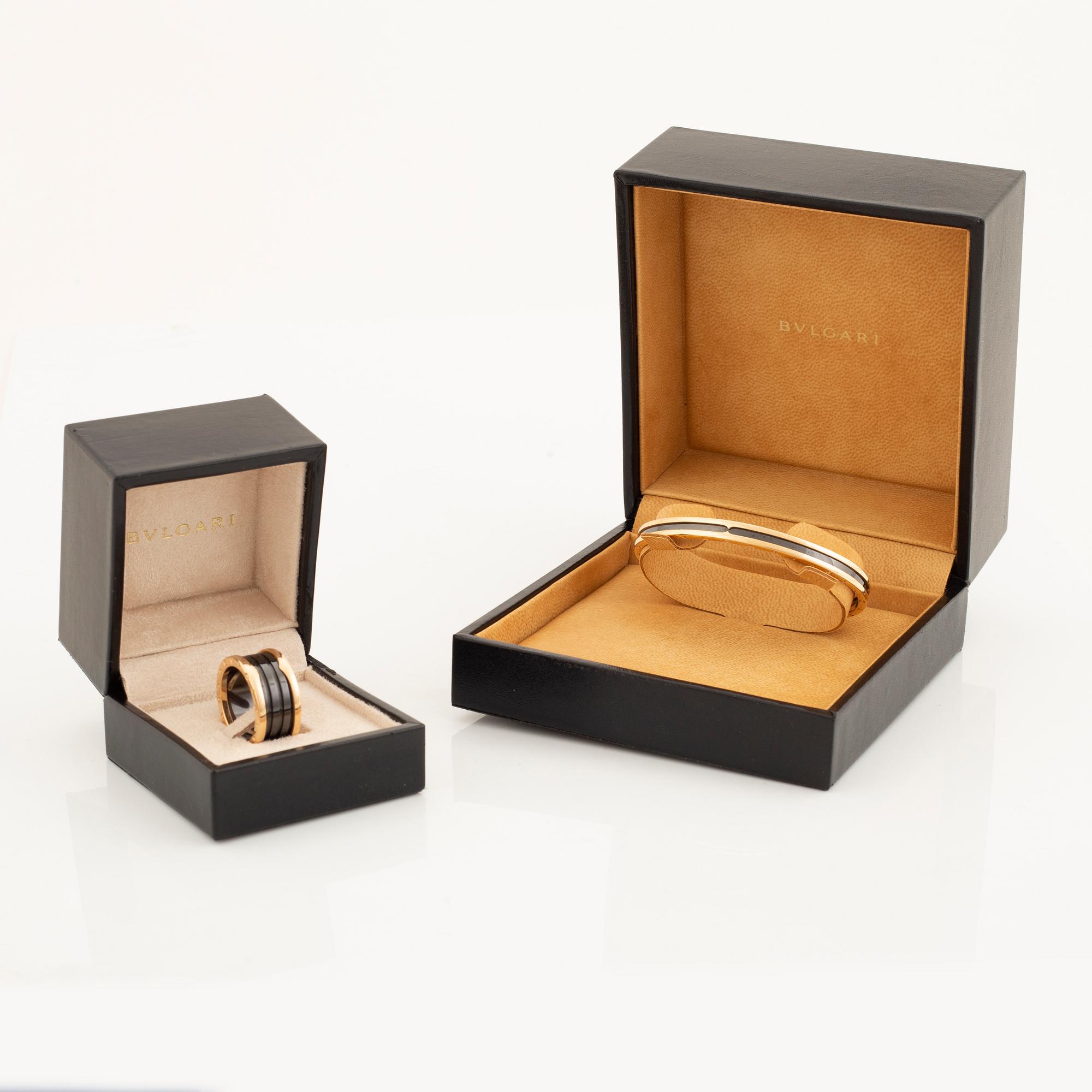 Bulgari, Ring and bangle B.zero1. 18K gold, steel and black ceramics.