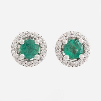 Emerald and brilliant cut diamond earrings.