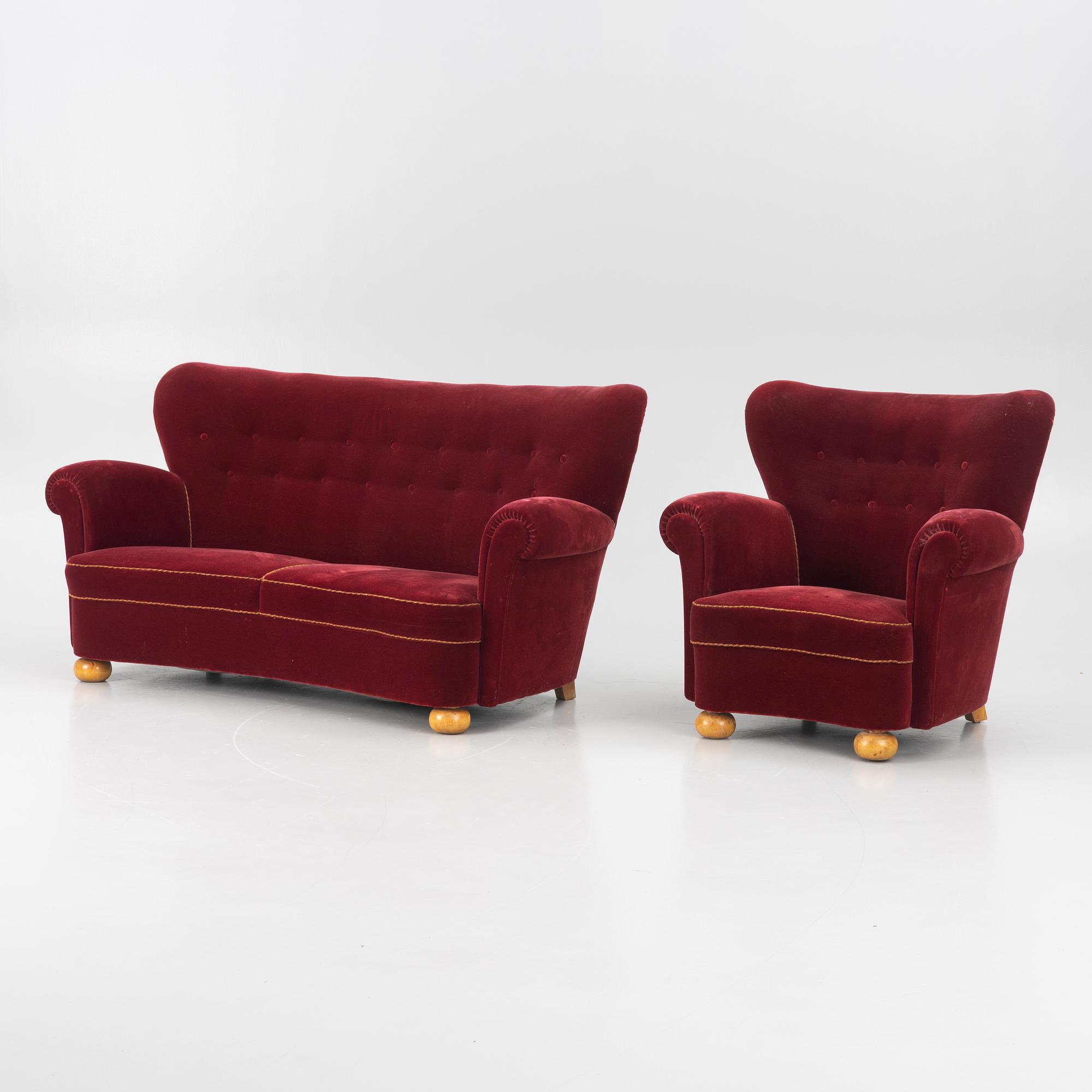 A Swedish Modern easy chair and sofa, 1940's.