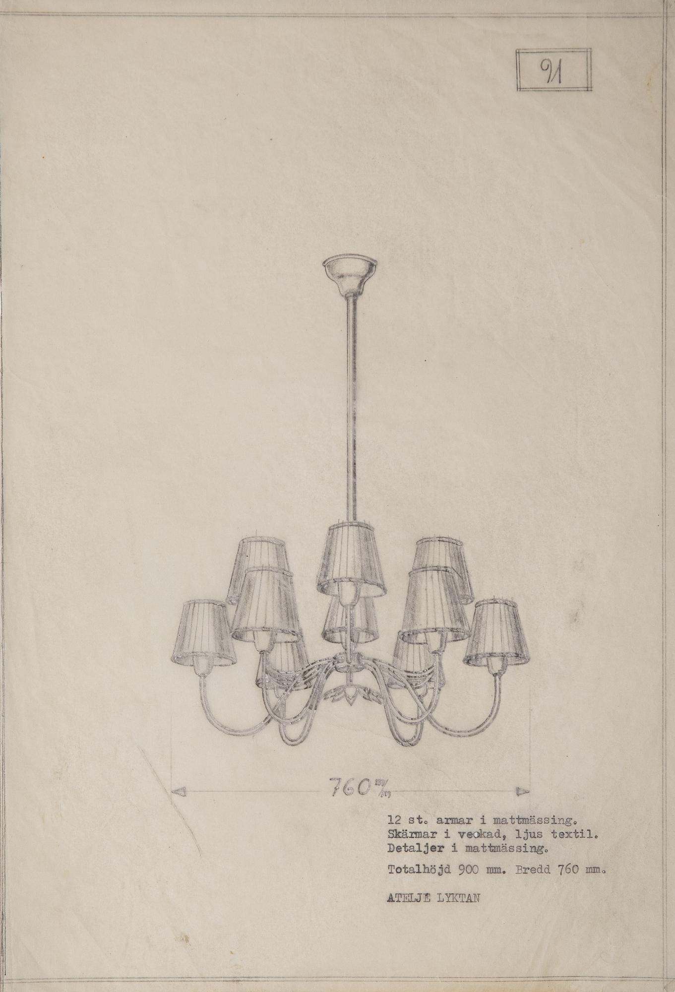 Hans Bergström, a pair of ceiling lamps, model "91", ateljé Lyktan, Sweden 1940-50s.