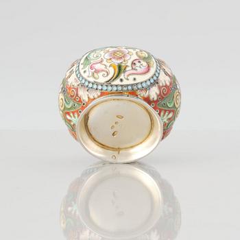 A Russian early 20th Century silver-gilt and enamel salt cellar. Assayer's mark Ivan Lebedkin.