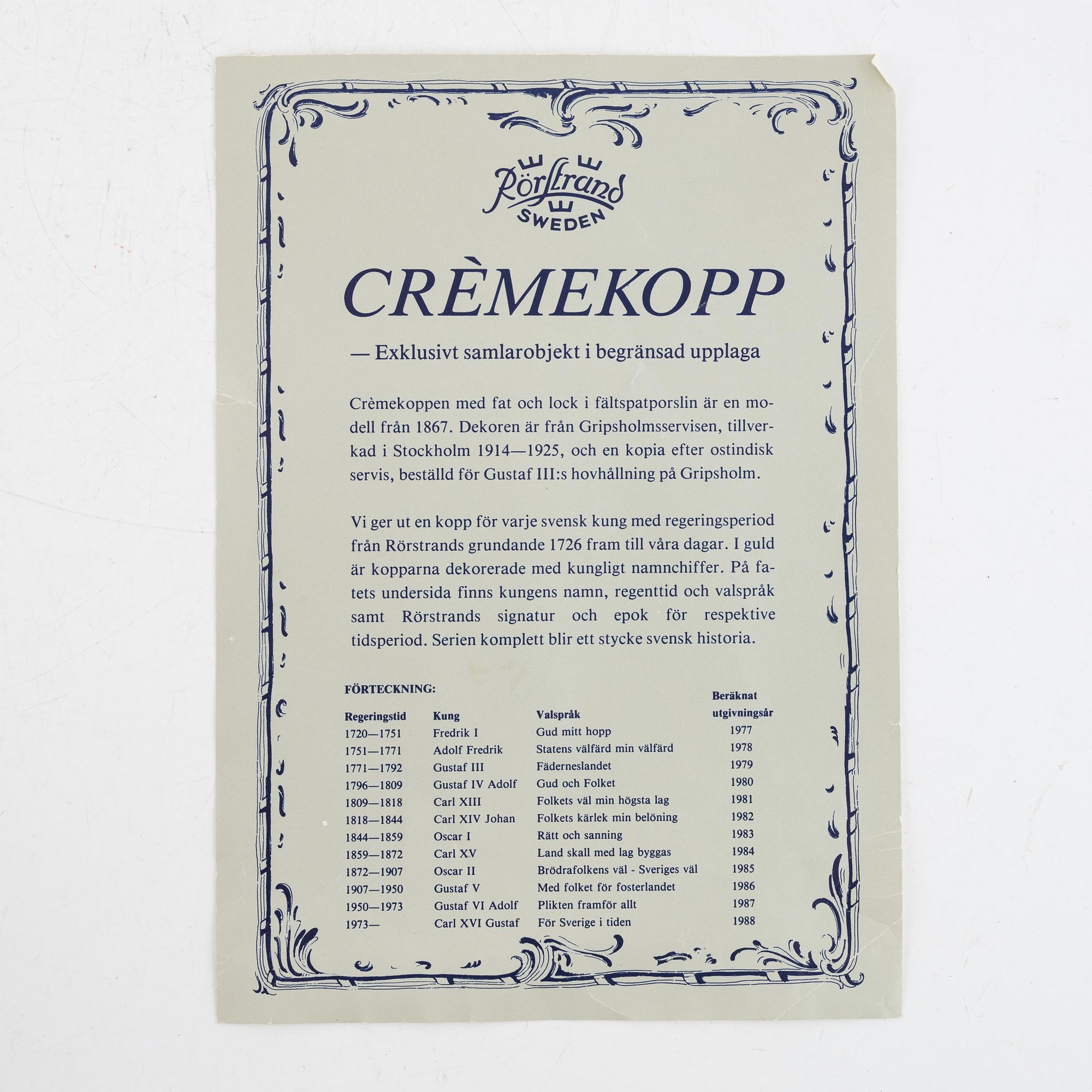 Crèmekoppar med lock och fat, 12 st, porslin, Rörstrand, 1900-talets andra hälft.