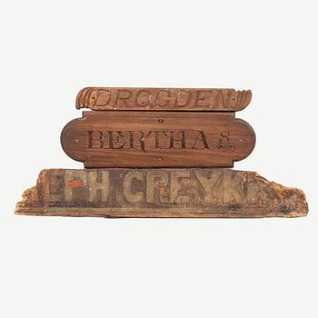 A set of three 20th century wooden ship signs.
