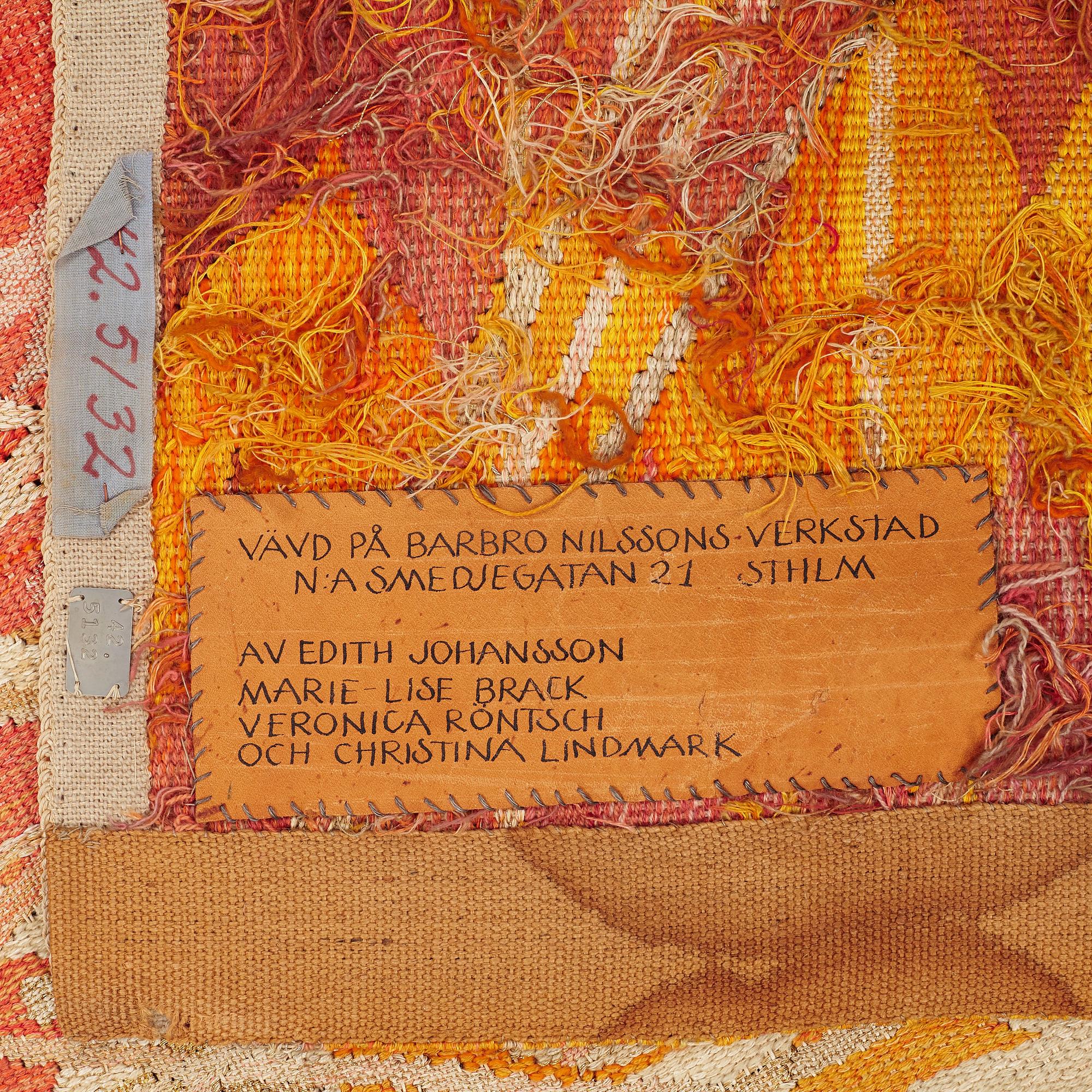 Barbro Nilsson, VÄVD TAPET, "Linjenät - Elektriska linjenätet", gobelängvariant, ca 244,5 x 109,5 cm, signerad AB MMF BN.