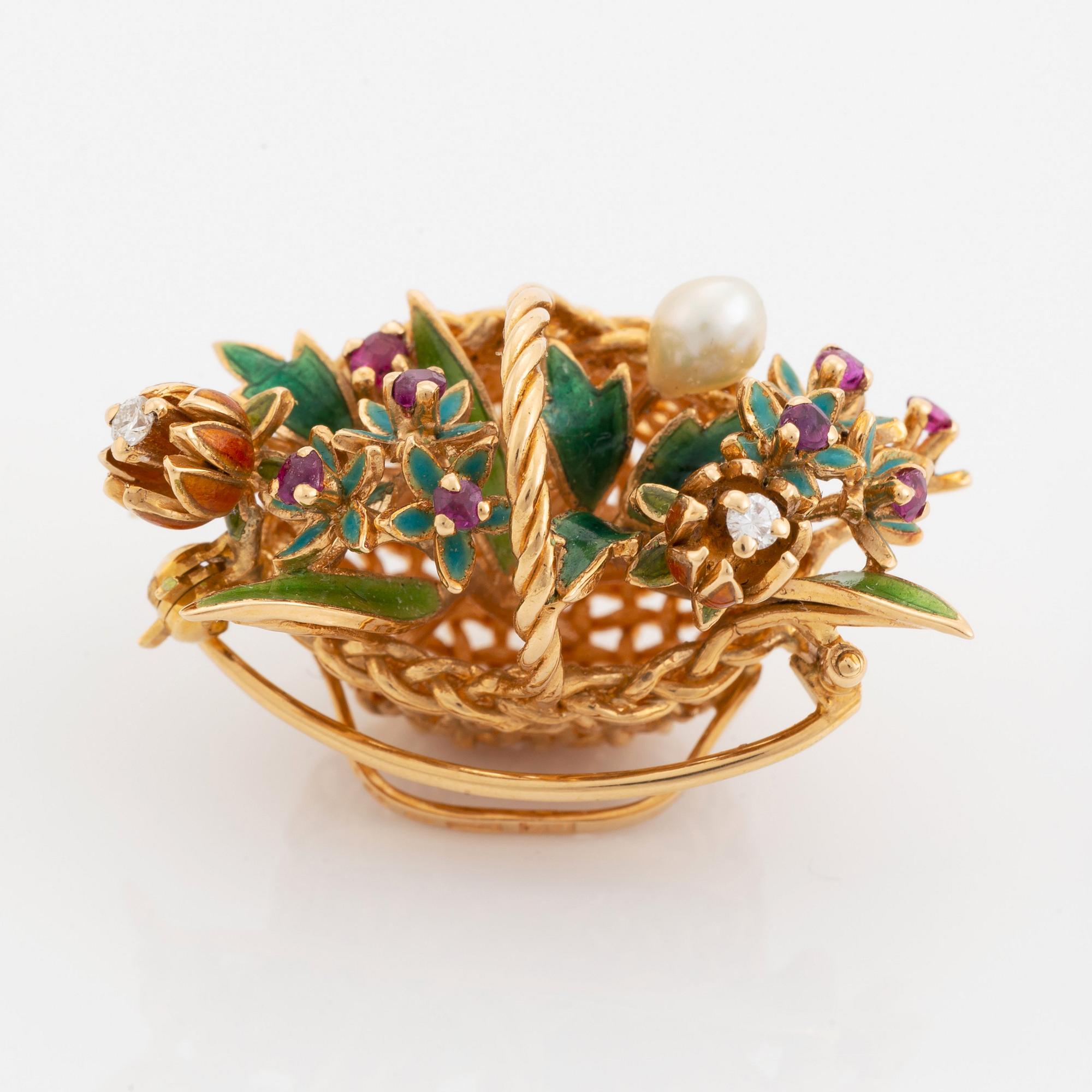 WA Bolin korgbrosch 18K guld och emalj, design Barbro Littmarck.