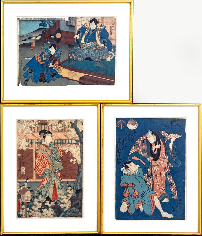 A set of three Japanese 19th century wood cuts.