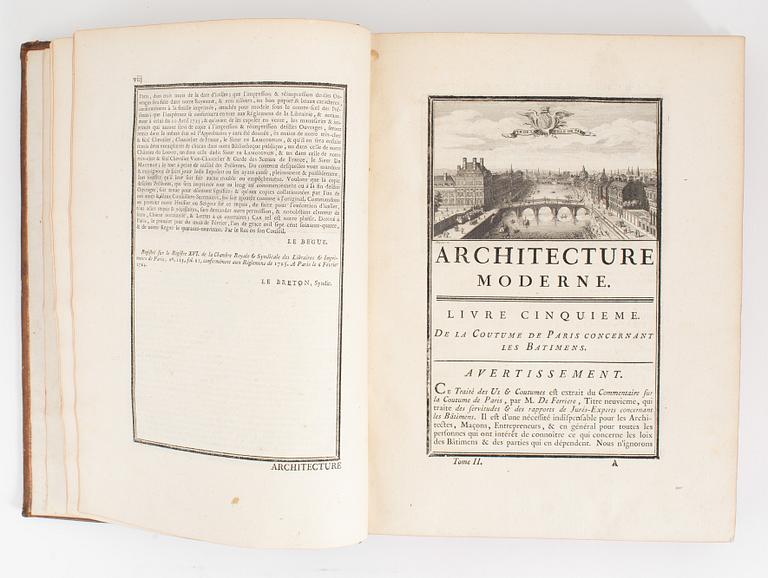 Architecture moderne (1764), med 154 graverade planscher, proveniens: Ivar Tengbom (2 vol).
