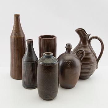 Vases and jugs, 6 pieces, Wallåkra stoneware, mid-20th century.