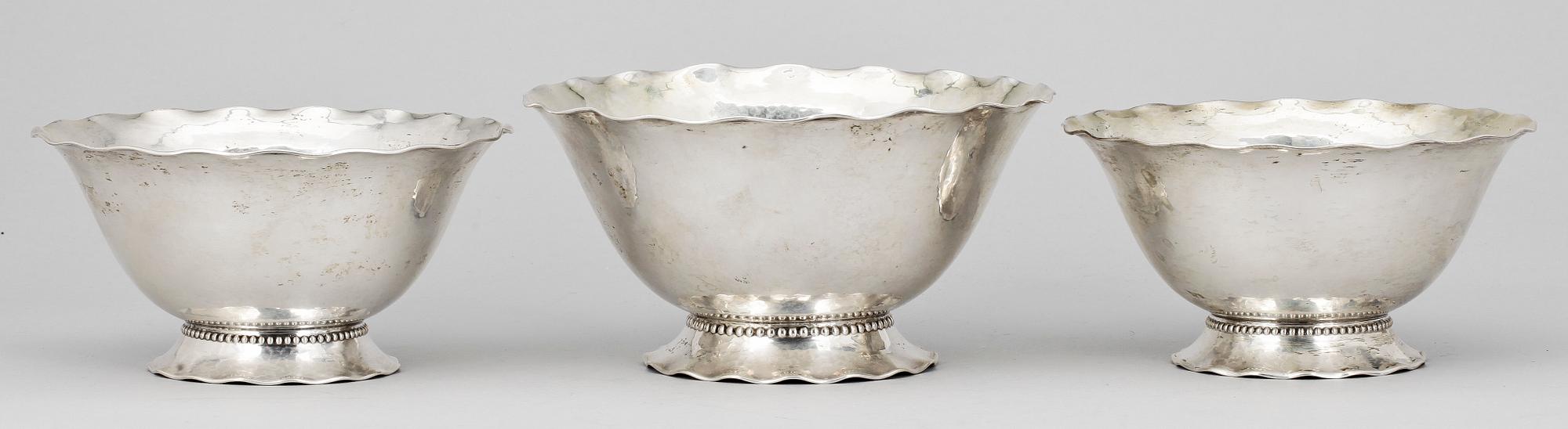 SKÅLAR, 3 st, silver, Furnia AB, GABF, Stockholm 1929. Tot vikt ca 550 gram.