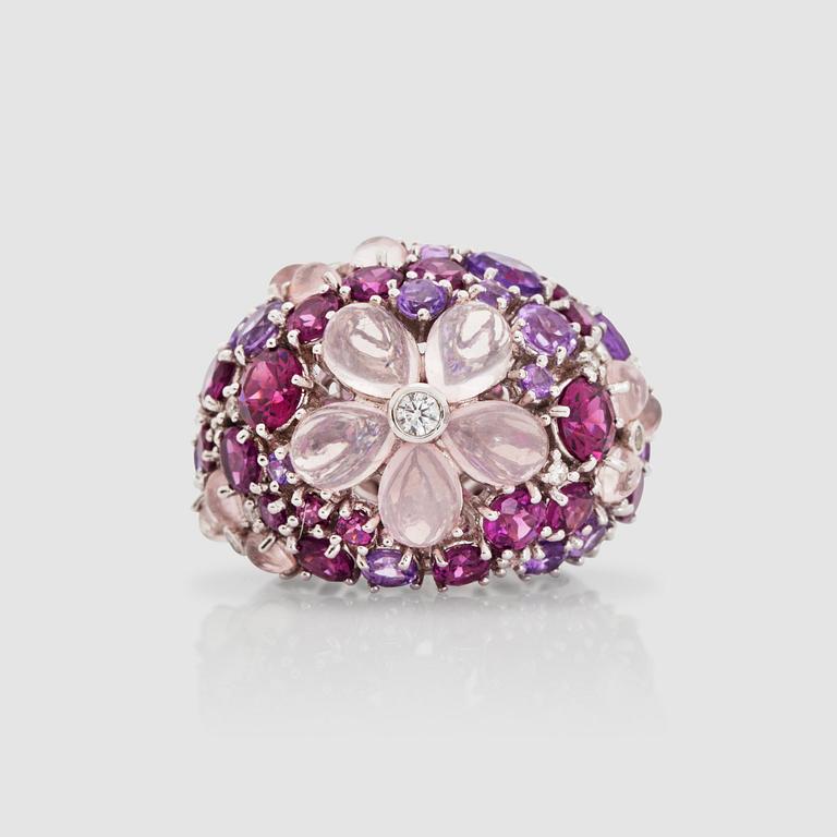 A rose quartz, amethyst, tourmaline and brilliant-cut diamond ring, in the shape of flowers.