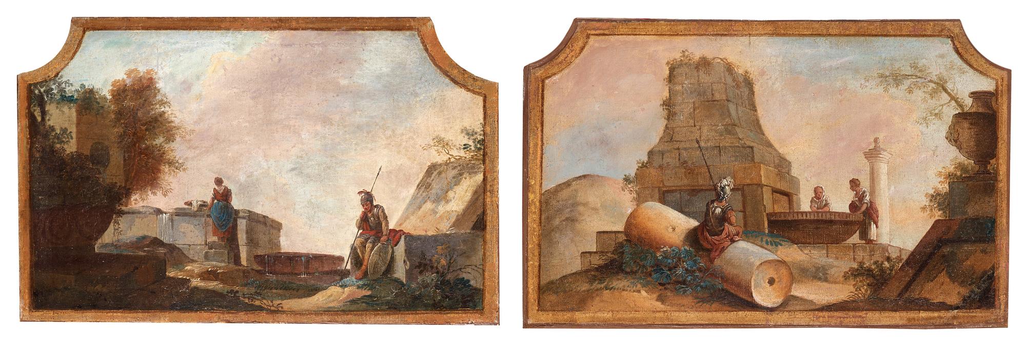 Johan Pasch Tillskrivna, Ruinlandskap med soldat och tvättande kvinna samt soldat och kvinnor vid brunn (2).