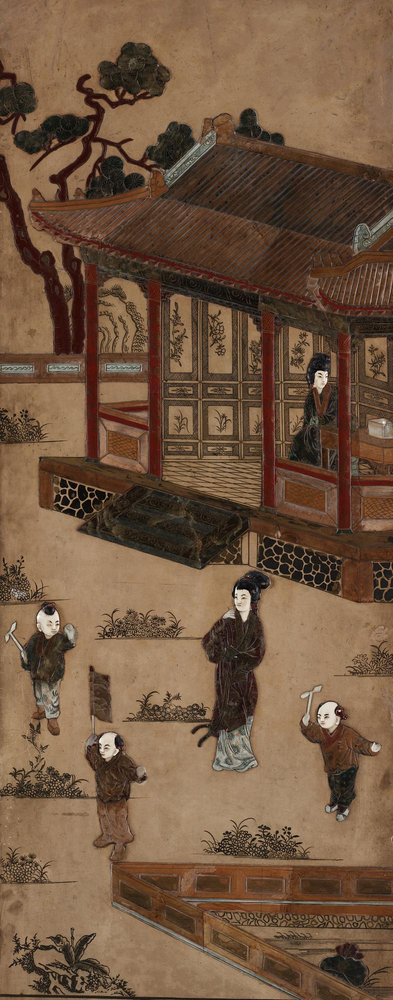 A painted and inlayed four-foulded screen, Qing dynasty (1644-1911).