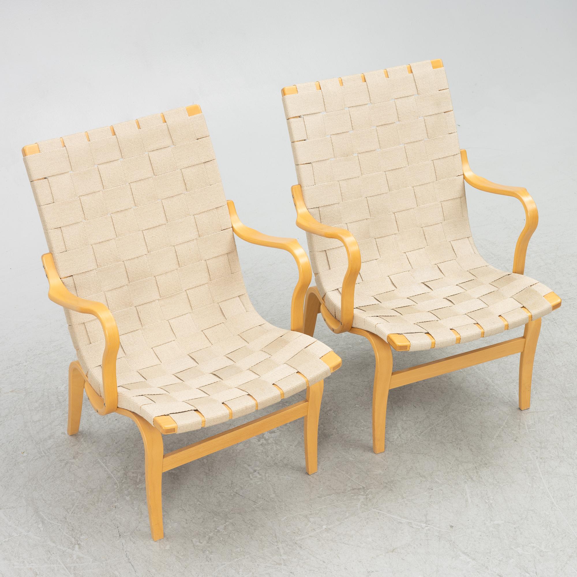 Bruno Mathsson, armchairs, a pair, "Eva", Dux, late 20th century.