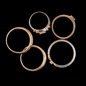 RINGAR, 5 st, 18K guld och vitguld, bla med diamanter. Total vikt ca 19 g.