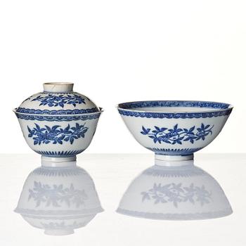 A blue and white soft paste 'three abundances' bowl with cover and a bowl, Qing dynasty, 18th century.