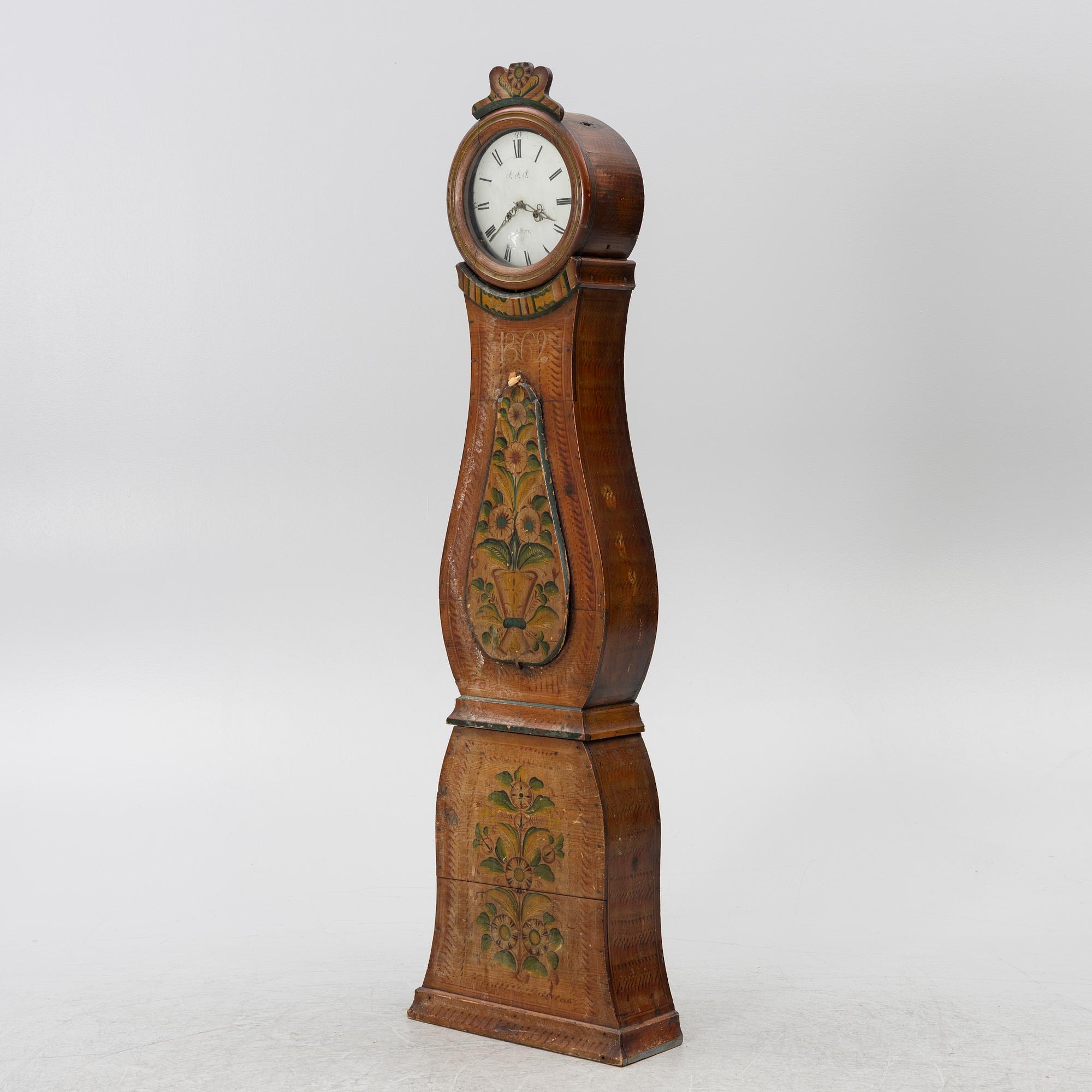 Longcase clock folk art, dated 1862.