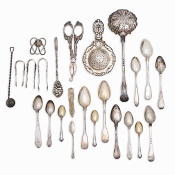 Cutlery, tea strainer, bookmarks etc., 24 pieces, silver, 19th-20th century.