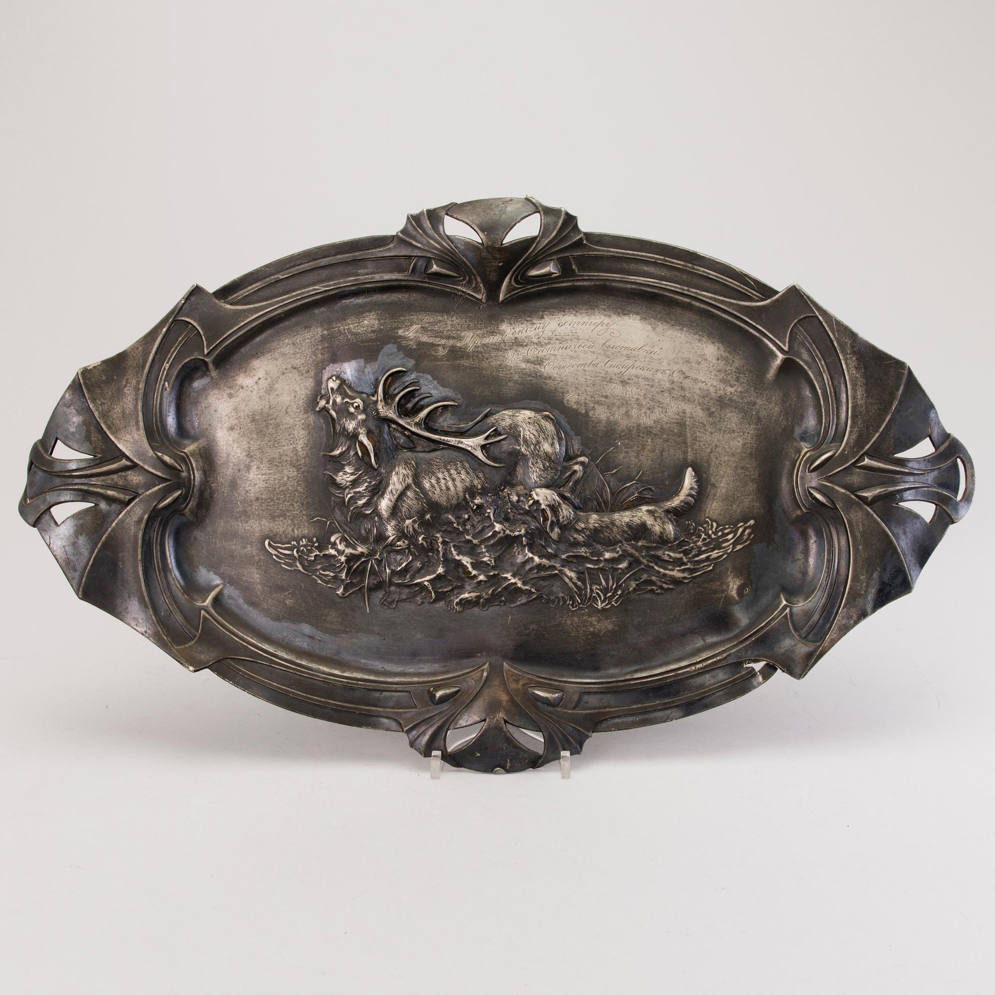 TRAY, pewter, Warszaw, engraved and dated in Russian 1910.