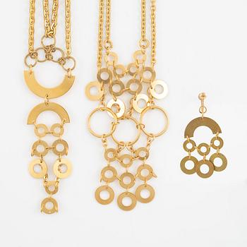 Siv Lagerström, two necklaces and one earring, gold-coloured metal.