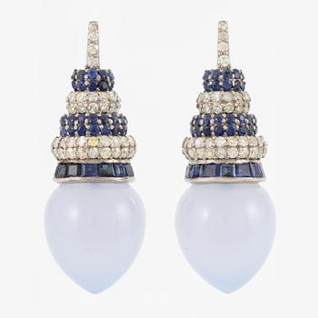 Earrings, silver and 14K gold with blue chalcedony, sapphire, and diamonds.