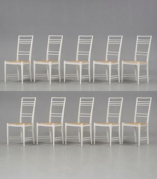 A set of 10 Erik Chambert 'Poem' white lacquered and rattan chairs, Chambert's, Sweden 1950's.