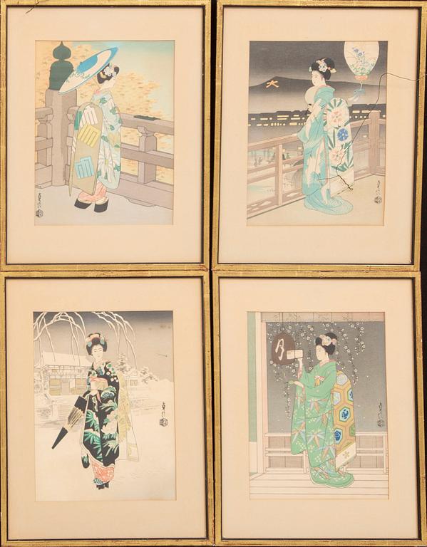 Sadanobu Hasegawa III (1881-1963). Träsnitt, fyra stycken, Japan, 1900-tal.