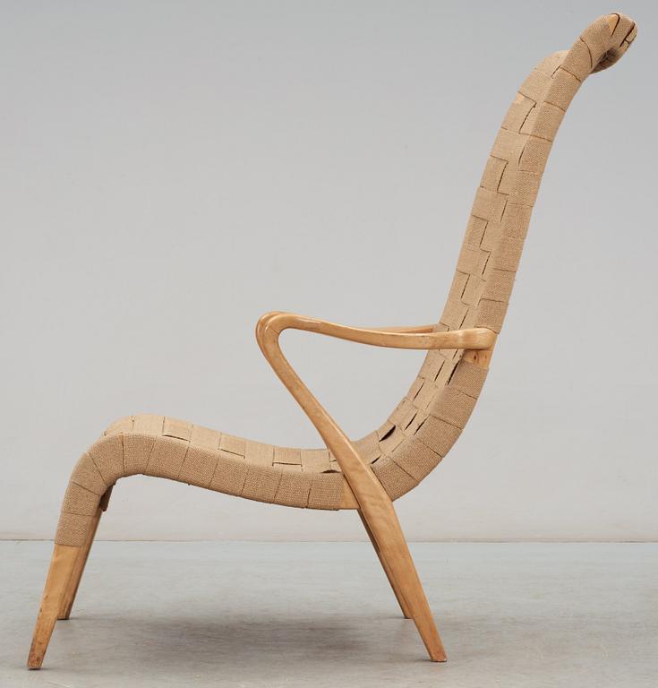 An Axel Larsson prototype for a birch and canvas easy chair, Svenska Möbelfabrikerna, Bodafors, ca 1937.