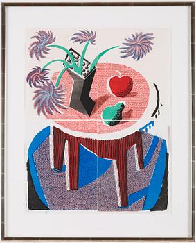David Hockney, "Flowers, apple and pear on table".