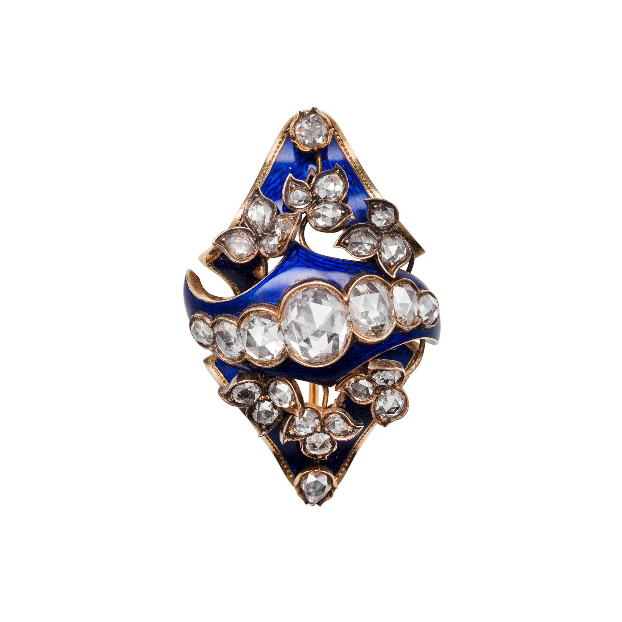BROSH, guld emalj , rosenslipade, folierade diamanter ca 7.50 ct. Jahn & Bolin. Ursprungligt etui.