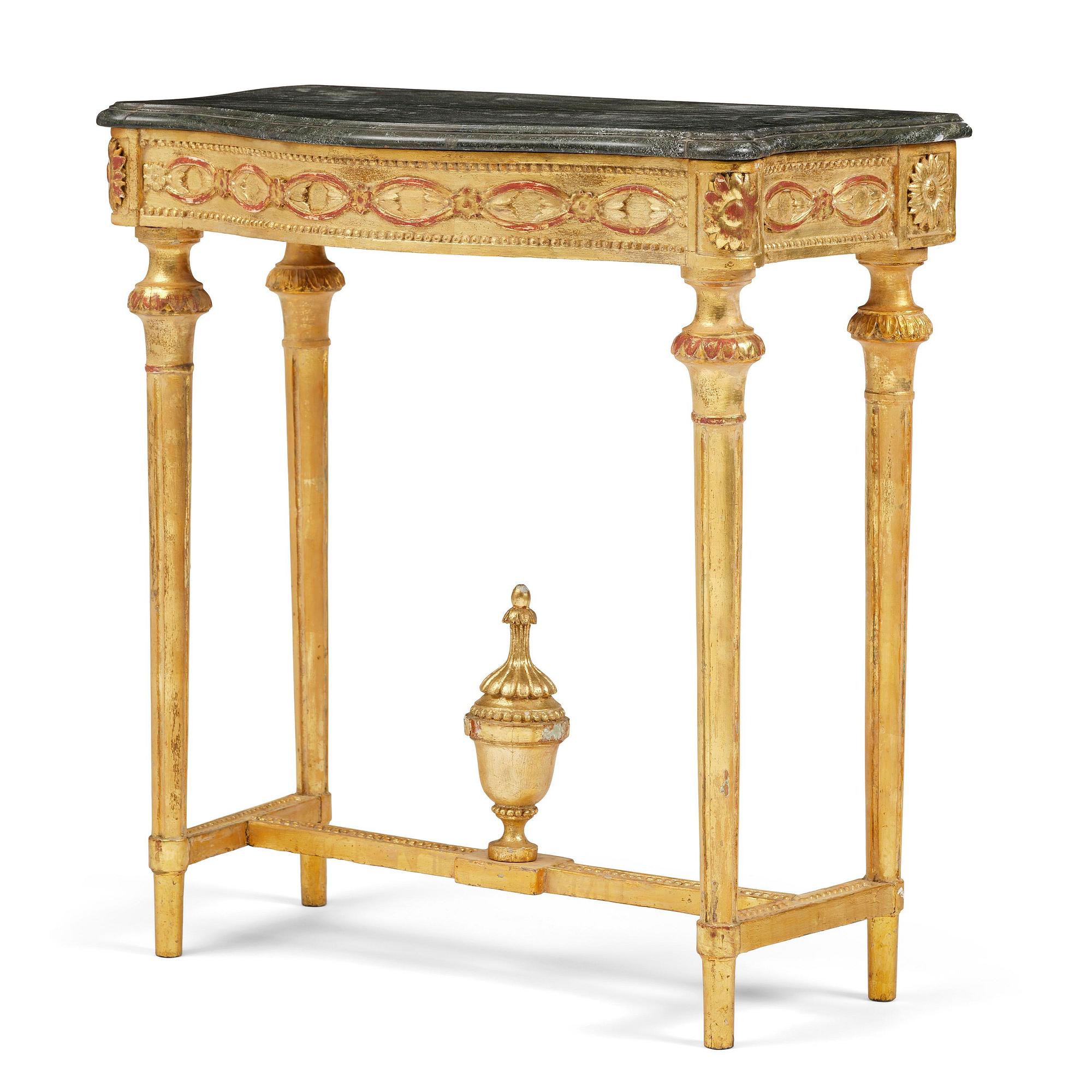 A Gustavian giltwood and Kolmårdsmarble-top console table, Stockholm, late 18th century.