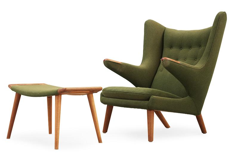 HANS J WEGNER, fåtölj med fotpall "Bamse", AP-stolen, Danmark 1950-60-tal.