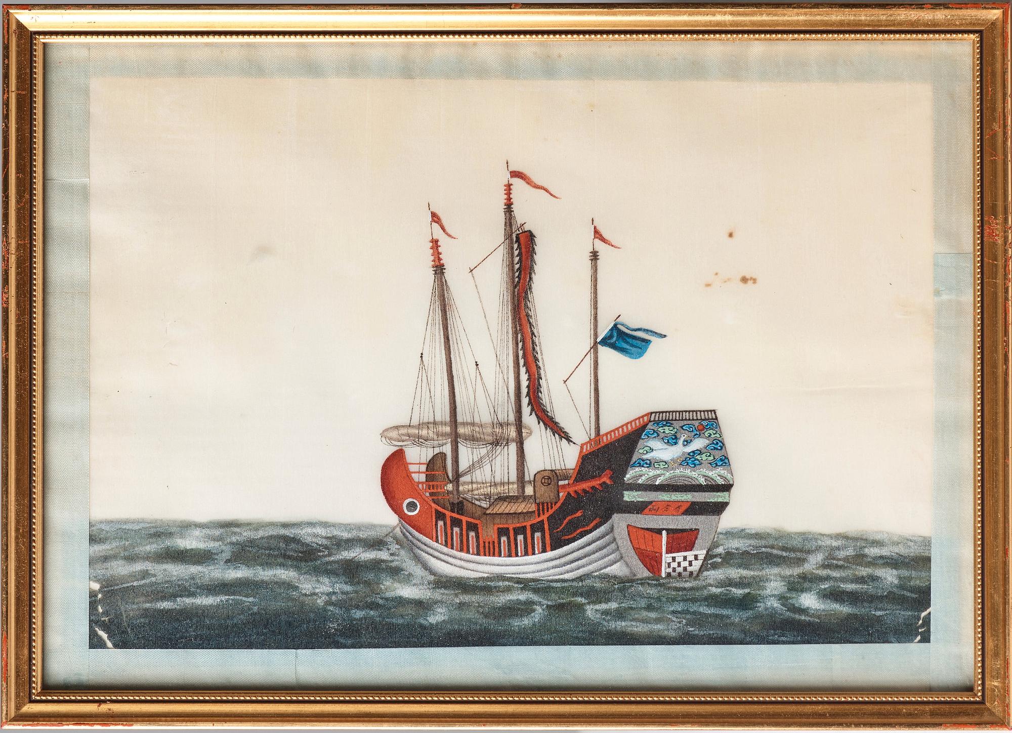 MÅLNINGAR, sex stycken, tusch och akvarell på rispapper. Kina, Qingdynastin, 1800-tal. "Djonker".