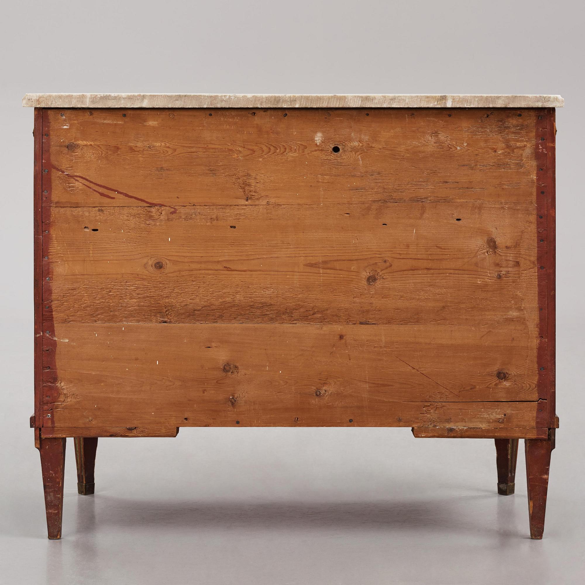 A late Gustavian mahogany, marble top, and brass-mounted commode, Stockholm, late 18th century.