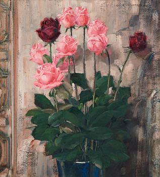 439. Olle Hjortzberg, Still life with roses in a blue vase.