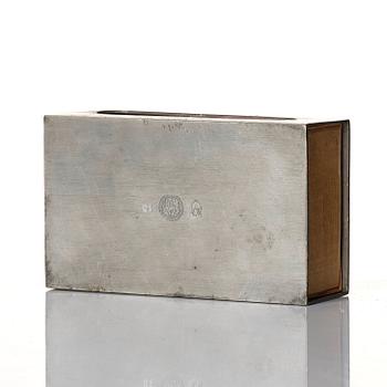 Firma Svenskt Tenn, a pewter matchbox case with beaker, models "38d" and "185a", with decor by Anna Petrus, Stockholm 1927-28.