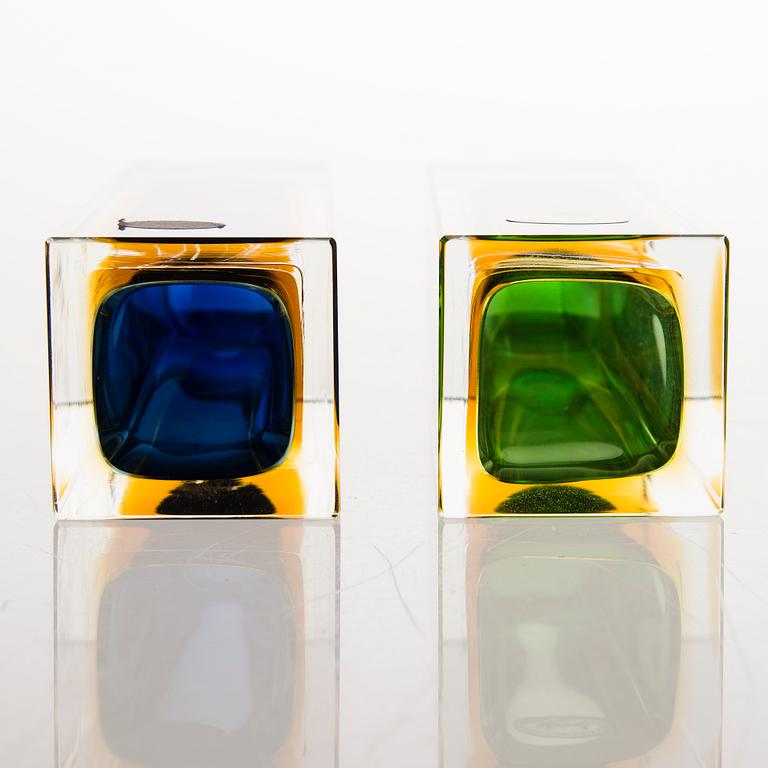 Two Murano sommerso glass vases, marked with labels.