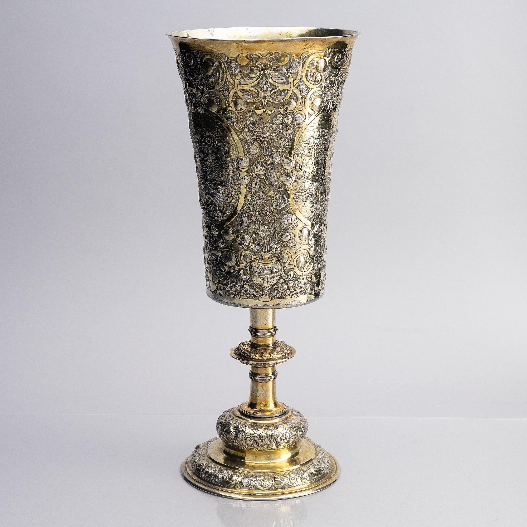 A partially gilded silver chalice, historicism, 19th century, baroque style, fantasy marks.