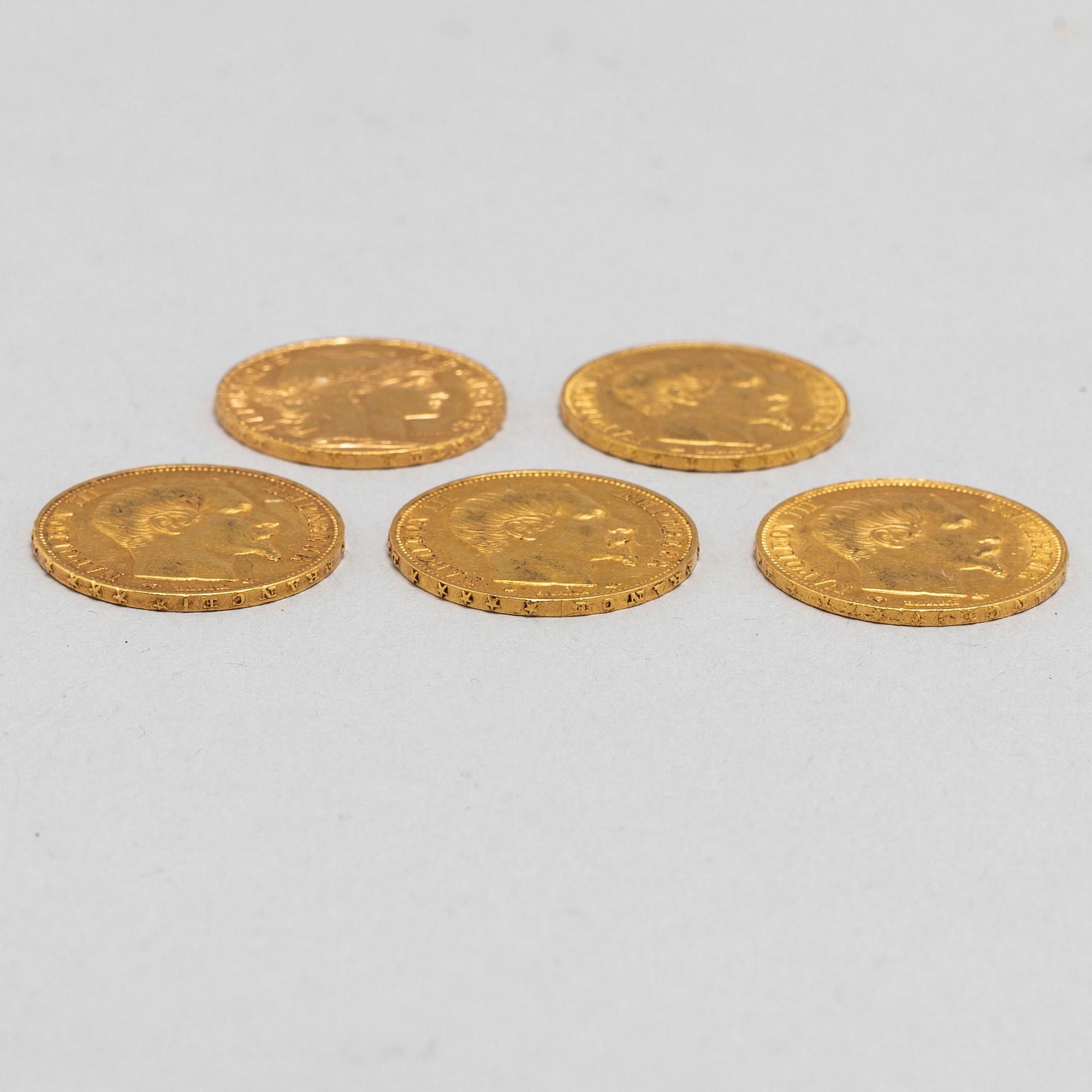 FRANSKA MYNT, 5 st, varav 4 st Napoleon III 1850-tal, samt ett 1912.