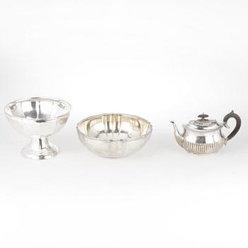 PARTI SILVER, 3 delar, bl.a A.G. Dufva, Stockholm, 1923. Total vikt inkl del med trähandtag ca 1383 gram.