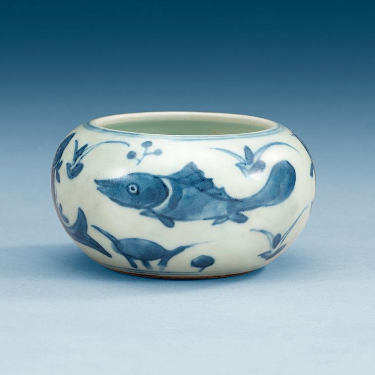 A blue and white brush washer, Qing dynasty, with Chenghua six character mark.