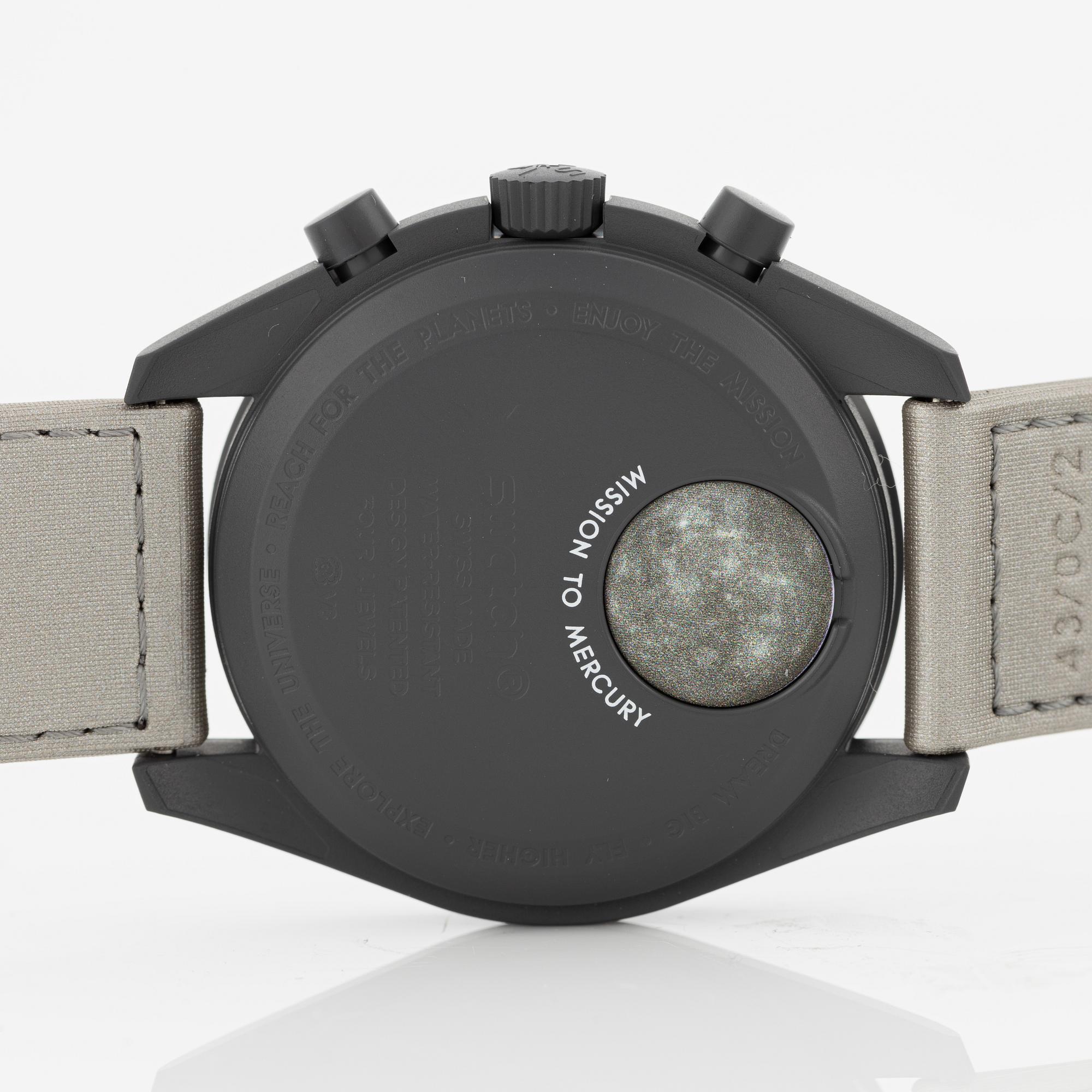Swatch/Omega, MoonSwatch, Mission to Mercury, chronograph, wristwatch, 42 mm.