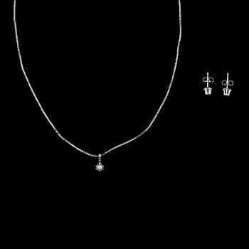 HÄNGE med HALSKEDHA samt ÖRHÄNGEN, ett par, 18k vitguld med briljantslipade diamanter tot ca 0.18 ct. Tot vikt 4,8 g.