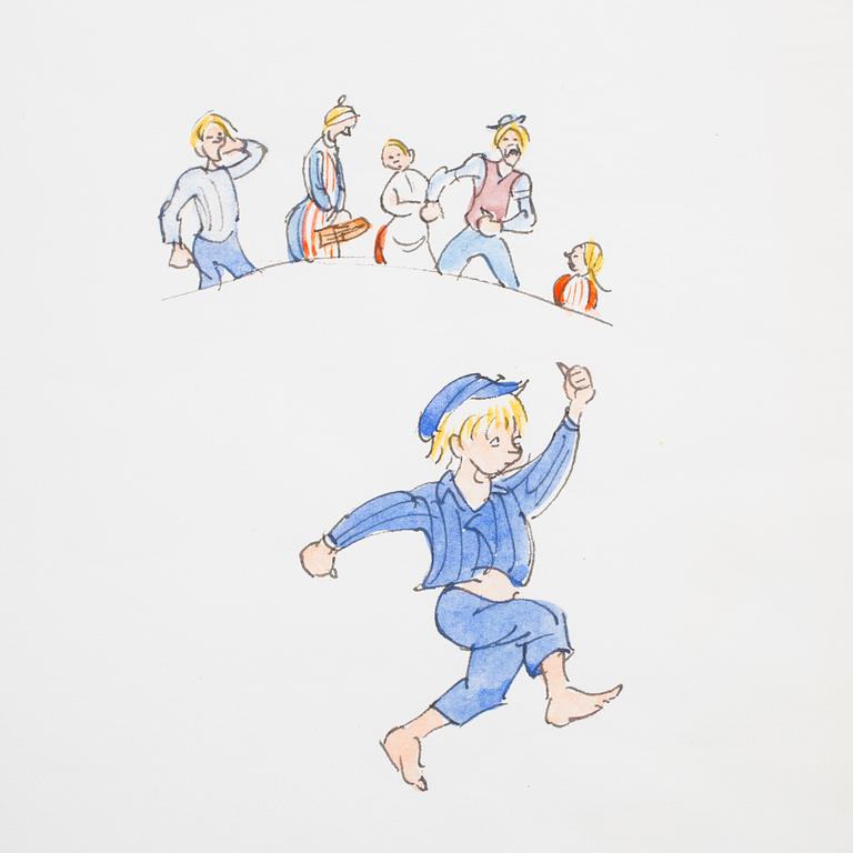 BJÖRN BERG, tuschteckning och akvarell på papper "Emil i Lönneberga".